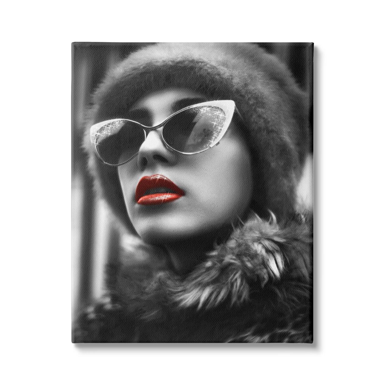 Stupell Industries Fashion Woman Red Lips Glam Sunglasses Fur Coat Canvas Wall Art